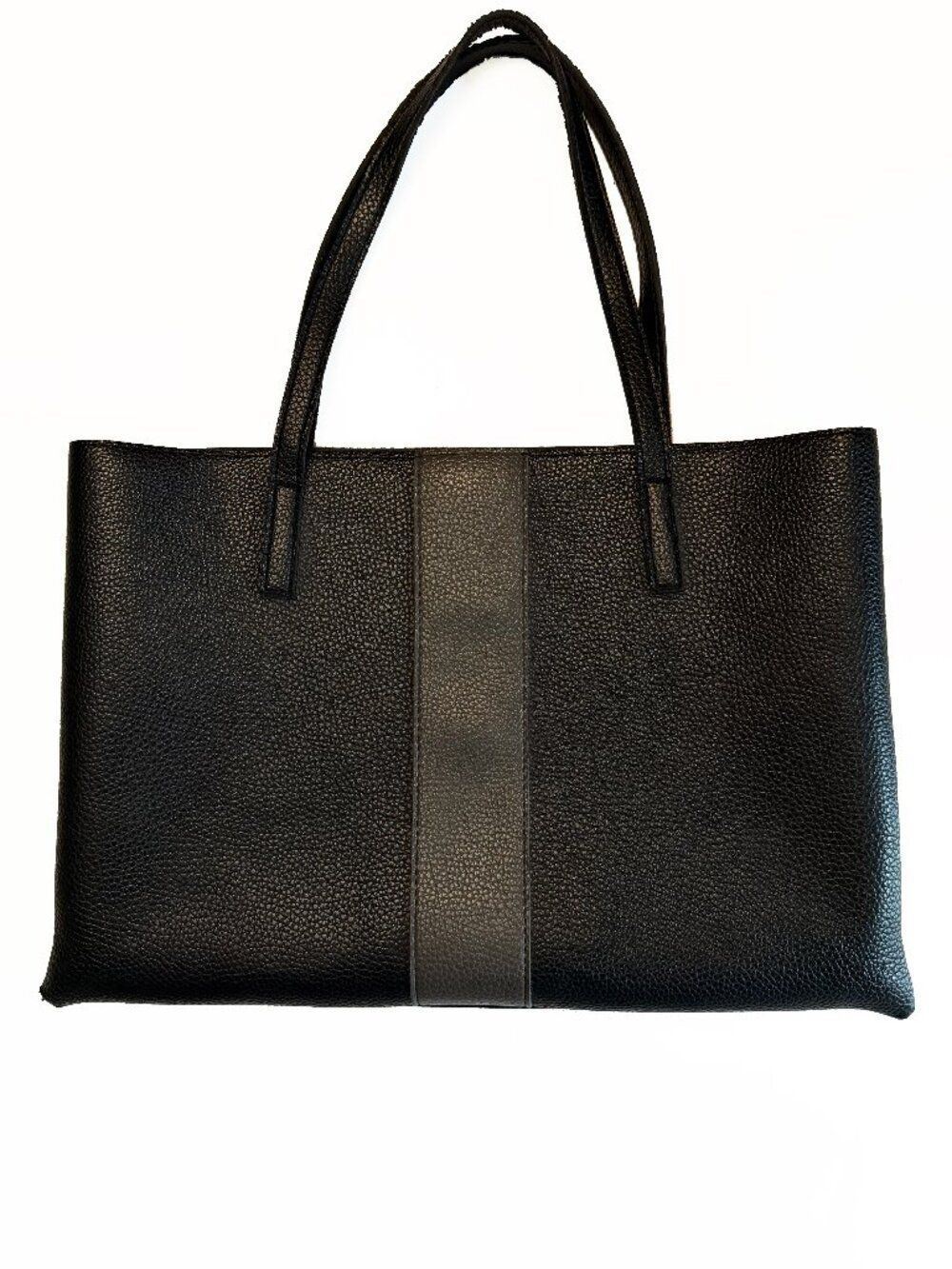 Vince Camuto Luck Black Pebbled Tote Bag Center Stripe